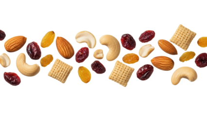 Trail mix ingredients PNG isolated on transparent background, almonds cashews cranberries golden raisins and cereal squares for healthy snack