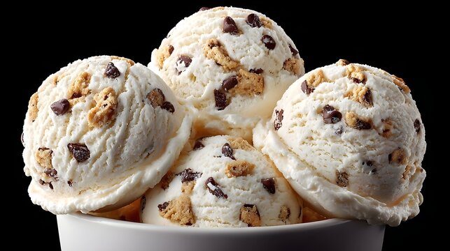 Indulgent frozen dessert featuring multiple scoops of rich vanilla ice cream generously studded with chocolate chips and chewy cookie dough pieces a delightful treat