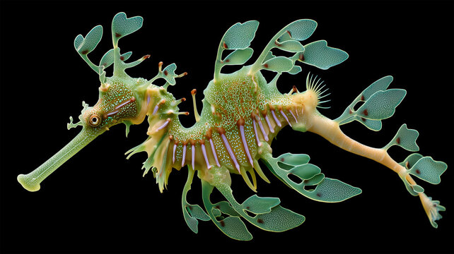 黒い背景でリーフィーシードラゴンの葉状の体が、細部まで写された接写