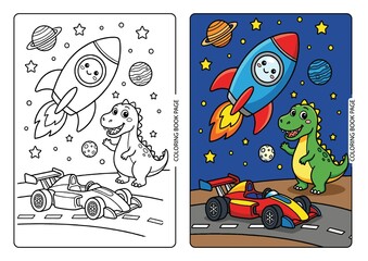 Space Coloring Page: Cute Dinosaur, Rocket and Race Car Vector Illustration