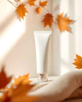 A white tube with a silver cap surrounded by autumn leaves near a window. A warm, natural, and cozy atmosphere suitable for herbal skincare, natural beauty products, or seasonal promotions.