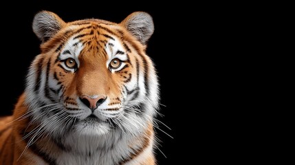 Fototapeta premium A detailed head on portrait of a powerful tiger its piercing amber eyes focused forward against a stark black backdrop highlighting its iconic striped fur