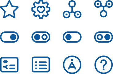 The vector line art icon set containing accessibility quick-access bars. shortcut star, personal preference icon, assistive tool cluster, toggle switch, UI menu, and system help badge