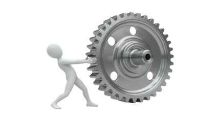 3D stick figure pushing a gear PNG isolated on transparent background, conceptual image of effort and teamwork in business