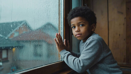 Photorealistic boy looking out rainy window with soft natural light and muted tones