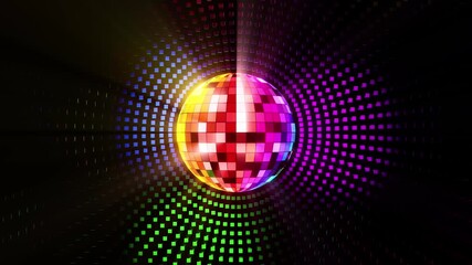 Colorful Disco Ball Rotating Seamless Loop Background VJ Motion Graphic with Rainbow Light Ray and Party Grid - Powered by Adobe