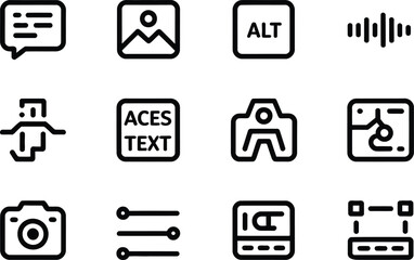 The vector line art icon set containing accessible multimedia creation. Caption editing tool, alt-text editor, audio visualizer, template symbol, camera mode, and simplified
