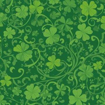 Seamless green clover pattern background featuring shamrocks and swirling vines for festive design