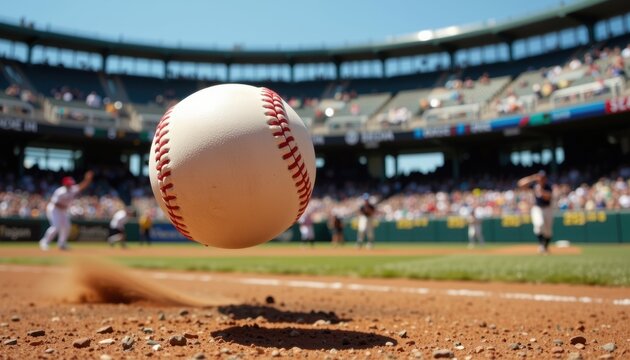 Action shot of baseball mid-flight during game at stadium sports photography dynamic sports environment