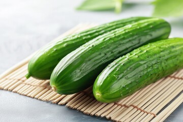 Fresh Green Cucumbers on Bamboo Mat