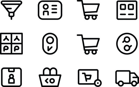 The vector line art icon set containing e-commerce UI. Accessible filter icon, simplified product card, large add-to-cart button, visual size, payment badge, and delivery instruction icon