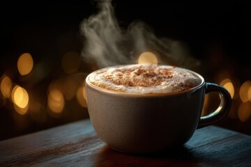 Macro shot of steaming gingerbread latte with cinnamon on dark wood for café promotions, holiday marketing, seasonal menu launch, cozy winter content

