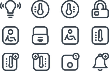 The vector line art icon set containing smart home UI. Voice controlled lights, large-panel thermostat icon, easy lock control, smart hub symbol, automation slider, and household alert icon.