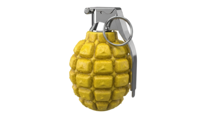Pineapple grenade isolated PNG on transparent background, yellow hand weapon with fragmentation for military and combat use