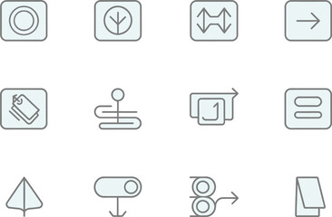 The vector line art icon set containing UI set for websites. Focus outline indicator, semantic structure icon, accessible navigation bar, skip-to-content button, tag hierarchy symbol, and readable lay