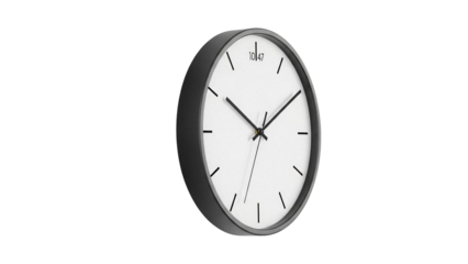 Modern round wall clock showing 10 47 isolated PNG, minimalist design timekeeping device on transparent background for graphic design