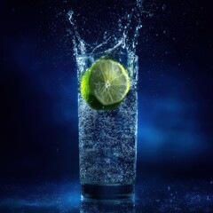 Lime slice splashing into sparkling water on deep blue background for premium beverage campaign, luxury drink branding, refreshing summer ad content

