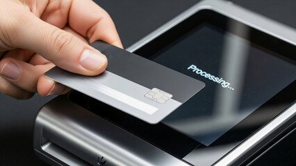 Close Up of a Hand Performing a Secure Card Swipe at a Sleek Modern Payment Terminal, Showing Crisp Textures, Reflections, and Subtle Motion Blur