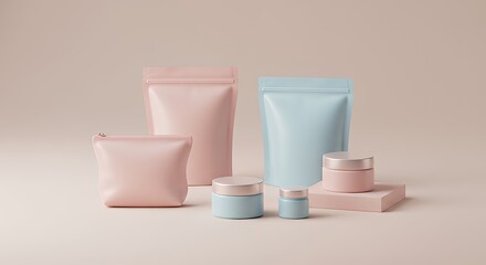 Minimalist Pastel Cosmetic Containers with Soft Pink and Blue Packaging on Neutral Background
