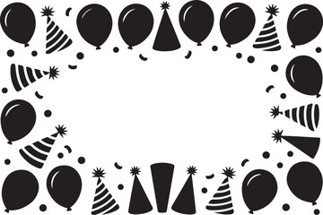 Black party hats balloons and confetti border celebration