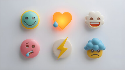 Fototapeta premium Emotional 3D Emoji Icons – Sun, Heart, Cloud, Lightning, Sad Face with Tear 3d icon set