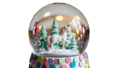 Charming snow globe with colorful winter scene and snow covered trees isolated on transparent background