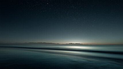 Fototapeta premium 星がきらめく夜空と、光を映す海面が広がる静かな夜景