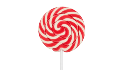 Red and white striped lollipop isolated PNG, spiral candy on a stick for sweet treats and confectionery designs on transparent background