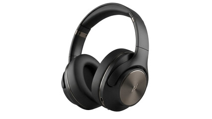 Black over-ear headphones isolated PNG on transparent background, wireless headset for music listening and audio entertainment © Eoin