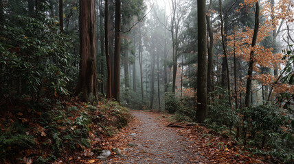 Obraz premium 朝霧に包まれた秋の森で、静かに続く散策路の景色