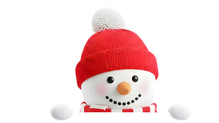 Festive snowman face wearing a red knit hat with white pompom isolated on transparent background