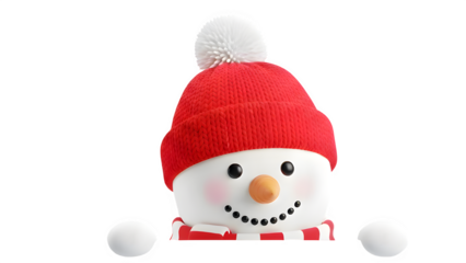Festive snowman face wearing a red knit hat with white pompom isolated on transparent background