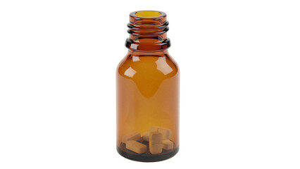 Amber medicine bottle with pills isolated PNG, pharmaceutical container for supplements and medication on transparent background