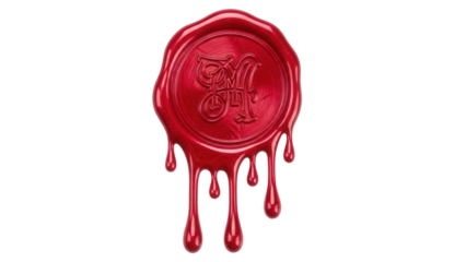 Red wax seal with letter M isolated PNG, vintage stamp for invitations and certificates on transparent background
