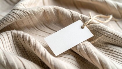 Blank Price Tag on Beige Knitted Fabric with Closeup, and Textile.