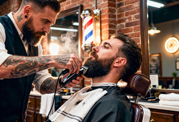 Professional barber trimming a stylish, well-groomed bearded man's beard with an electric clipper in a trendy, vintage-inspired barbershop