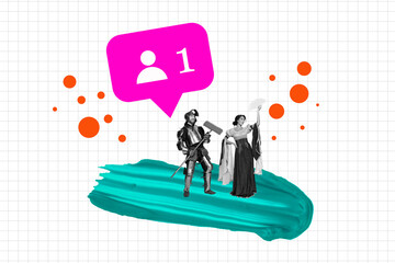 Contemporary poster trend art collage of two happy ancient soldier man duchess girl stand like reaction subscribe user icon speech