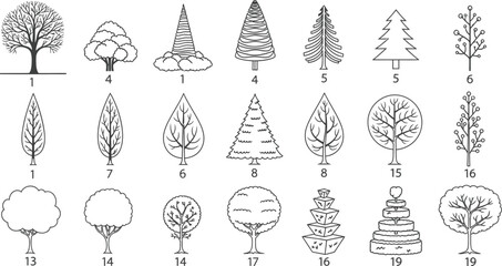 Collection of hand drawn vintage style trees and floral botanical illustrations