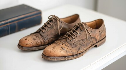 A worn pair of leather dress shoes sits on a white surface, with a vintage blue book visible behind