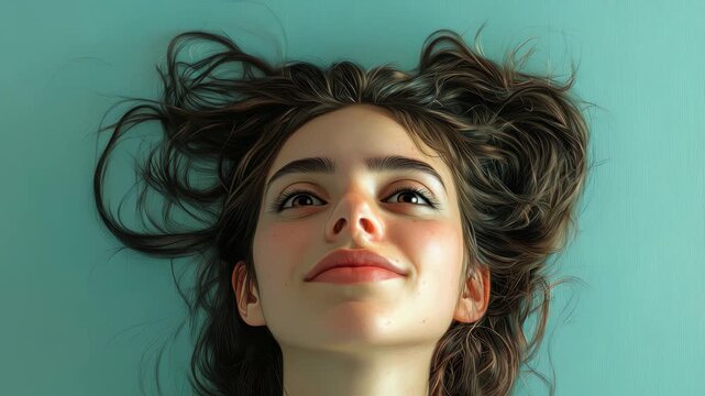 Relaxed young woman lying face down with hair spread on a soft surface in a tranquil setting during daylight