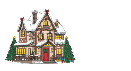 Naklejka premium Charming Christmas house covered in snow, decorated with festive garlands, bows, and a wreath, featuring two Christmas trees and gifts.