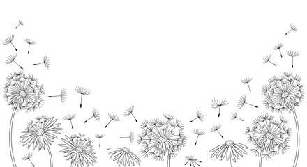 Black and white line art illustration of dandelions and their seeds blowing in the wind, symbolizing lightness and freedom.