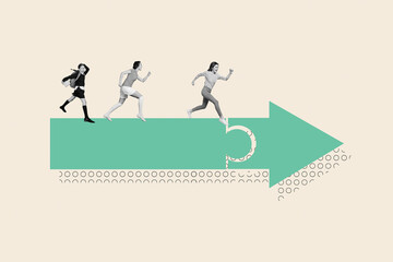 Poster 3d image artwork banner collage of happy business partners girls run arrow puzzle development project success chance