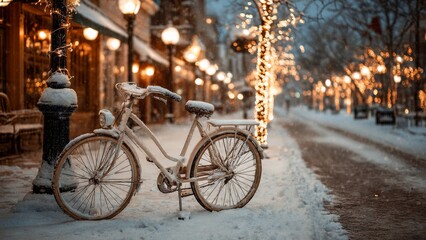 Obraz premium Vintage Bicycle Covered in Snow on Christmas Street