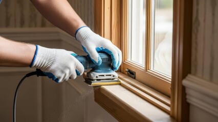 gloved hands using an electric sander on natural wood window frame, for home repair and restoration blogs, power tool advertising, woodworking tutorials, and renovation service sites