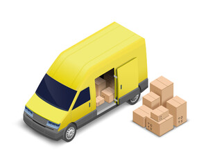 Yellow delivery van with cardboard boxes. Loading and delivery of cargo. Isolated on white background. Vector illustration.