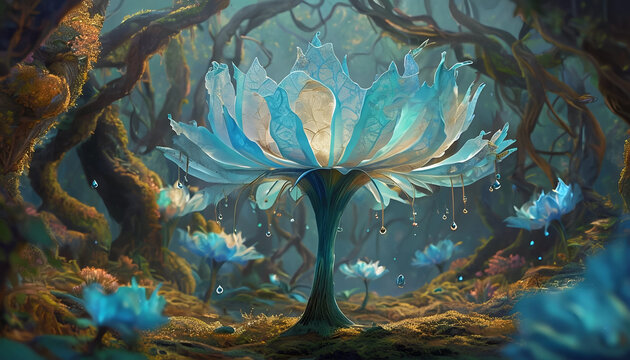 enorme pianta sbocciata dai petali luminosi simile ad un loto in una foresta magica, enormous plant with bright petals like a lotus in a magical forest