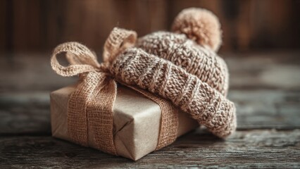 Fototapeta premium Wrapped Gift Box with Knitted Hat for Winter Holiday