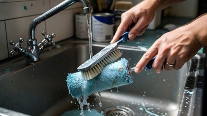 hands washing blue paint roller and cleaning brush under running water in a sink, for home maintenance tutorials, professional painting service advertisements, and diy project blogs