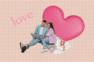 Full image pop contemporary photo collage of two happy girl guy sit picnic coffee cup surf laptop heart icon bonding relationships